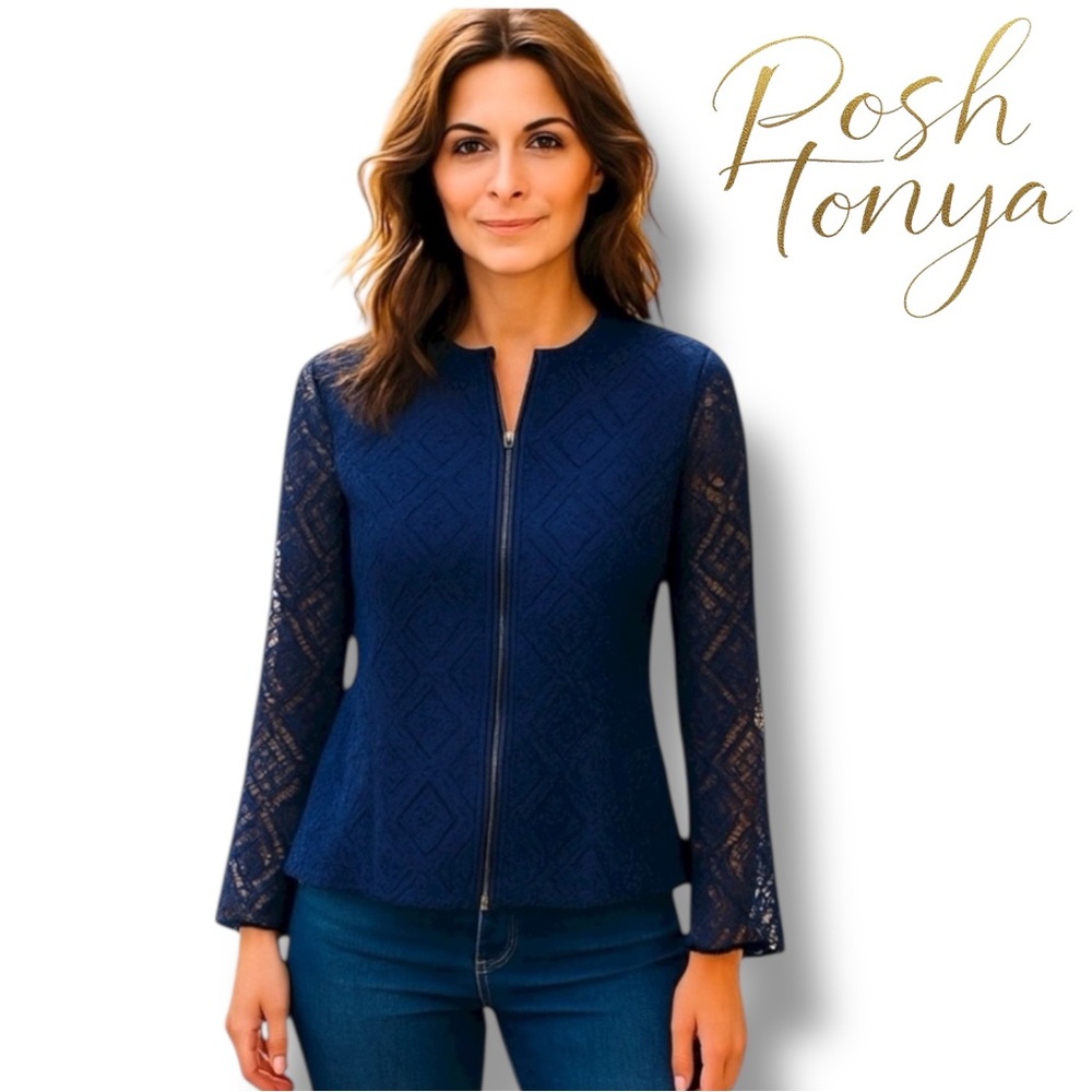 Kim Gravel Lace Zip Up Peplum Jacket Navy Size XXS Office Shacket Careerwear